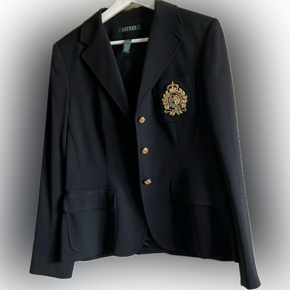 Ralph Lauren Wool black .Crest Blazer Womens Size 8 USA RL Logo Jacket - Picture 1 of 14